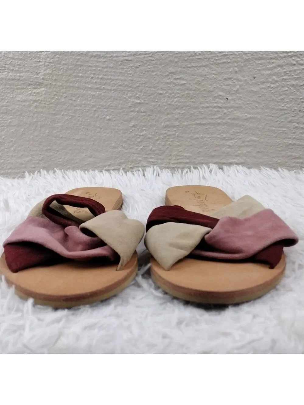 Free People Tan Pink Two Tone Leather Crisscross Round Toe Slide Flat Sandal